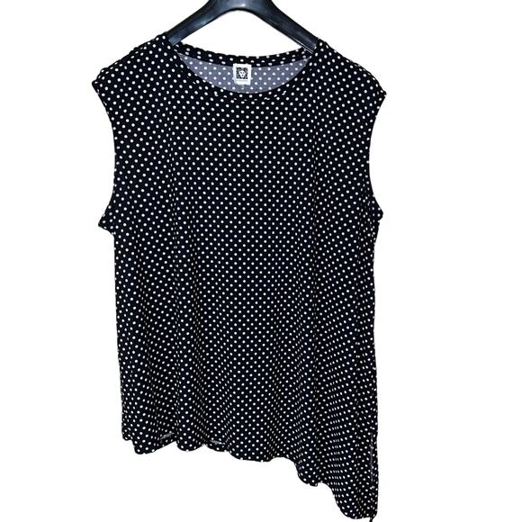 Polka Dot 2X Tunic Tank Top Anne Klein Asymmetrical Hem Black White Drape Vents - Picture 1 of 7